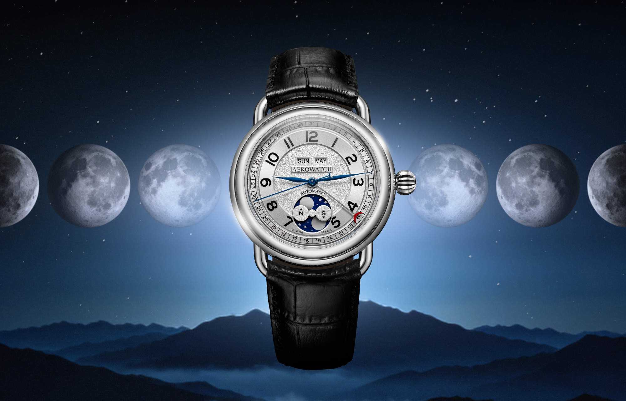 Aerowatch 1942 Calendrier Complet – a double moon for both hemispheres