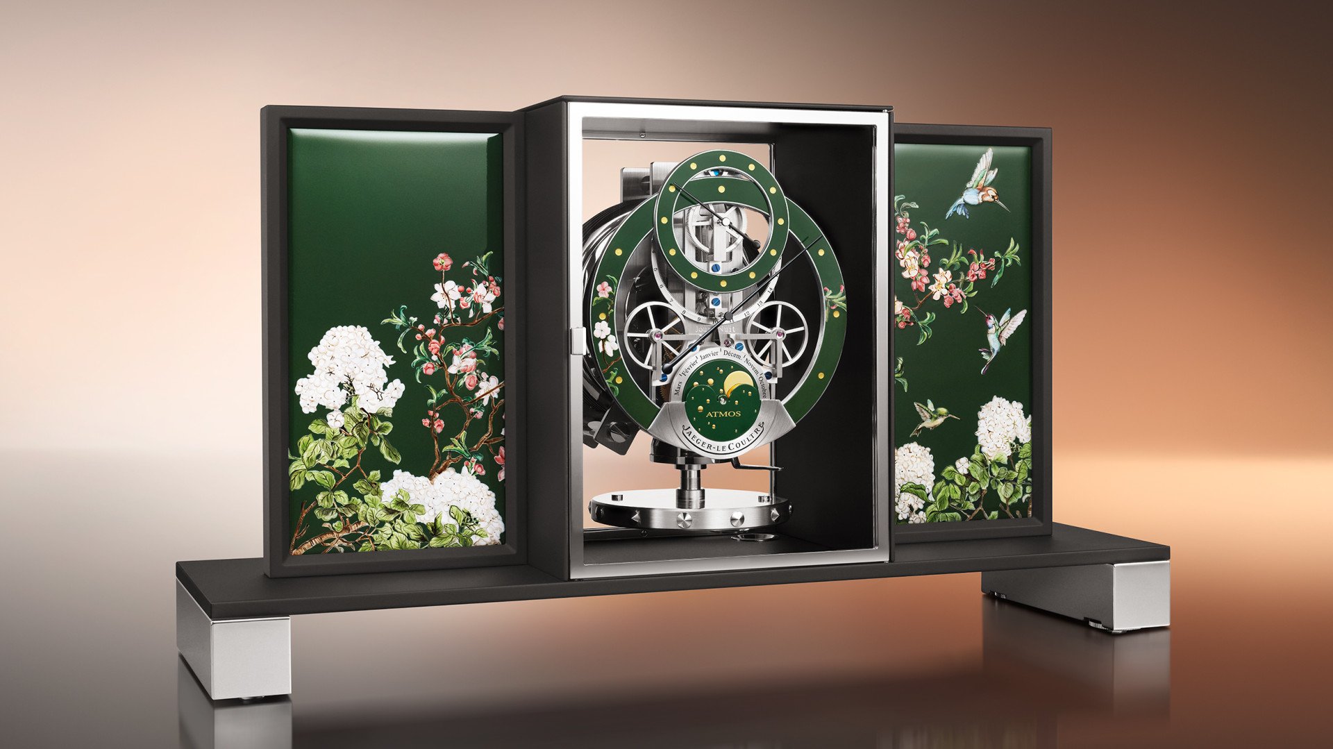 Jaeger-LeCoultre unveils Atmos Enamel Colibris and Atmos Wood Marqueterie